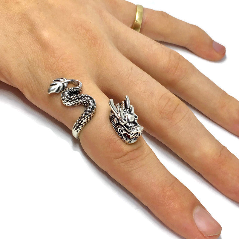 Asian Dragon Wraparound Ring made of sterling silver plated steel alloy, featuring an intricate dragon design, suitable for all finger sizes.