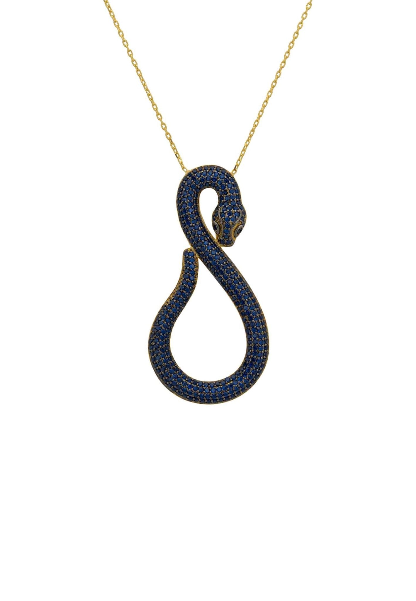 Asp Snake Pendant Necklace in gold with sapphire accents, featuring a snake motif and adjustable chain.