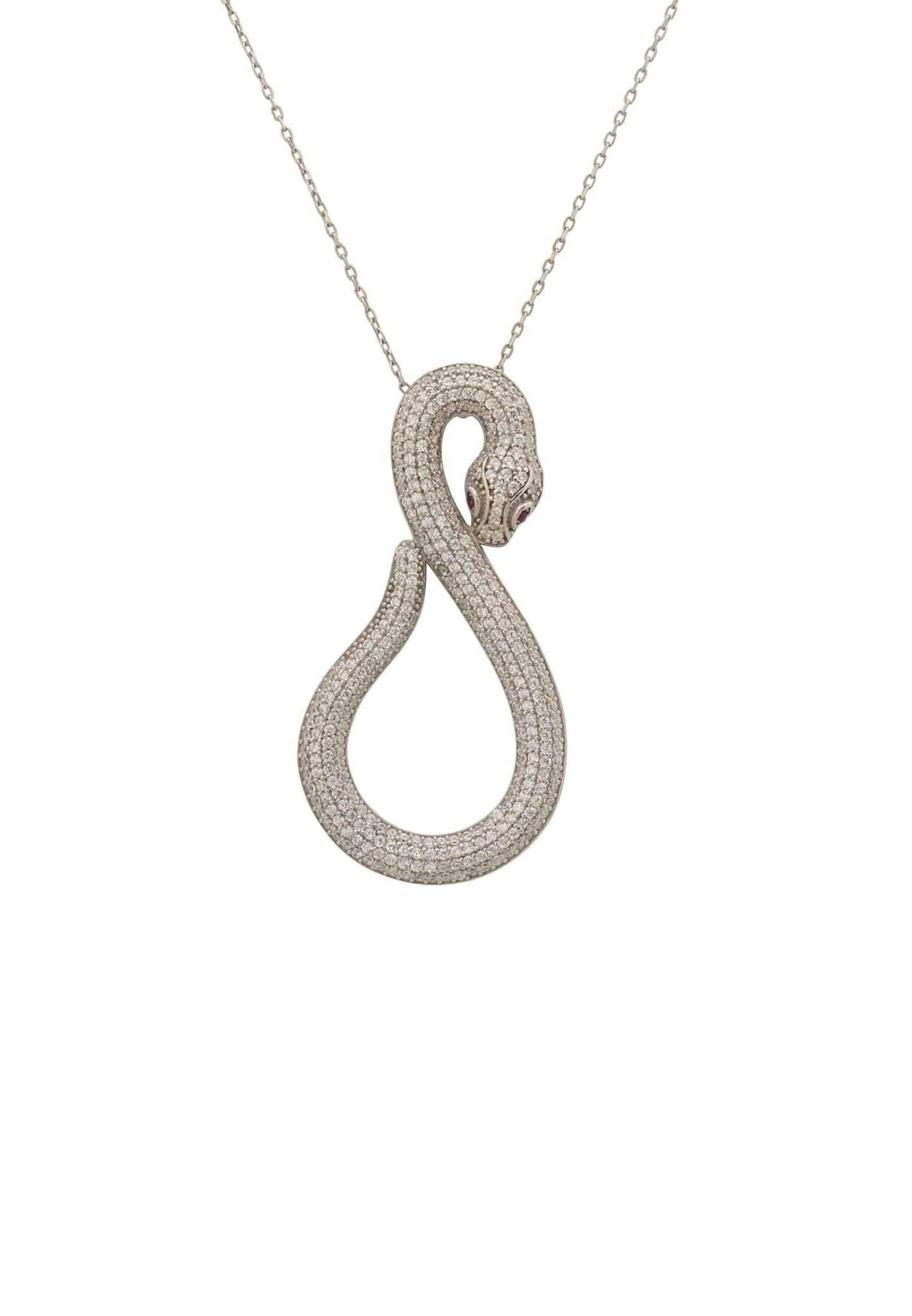 Asp Snake Pendant Necklace in silver and white with sparkling zircons, featuring a snake motif and adjustable length.