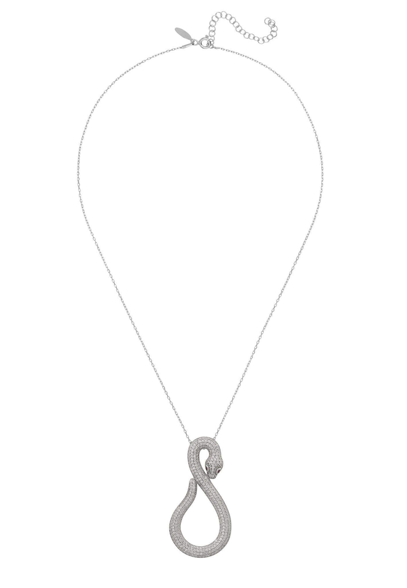 Asp Snake Pendant Necklace in silver and white with sparkling zircons, featuring a snake motif and adjustable length.