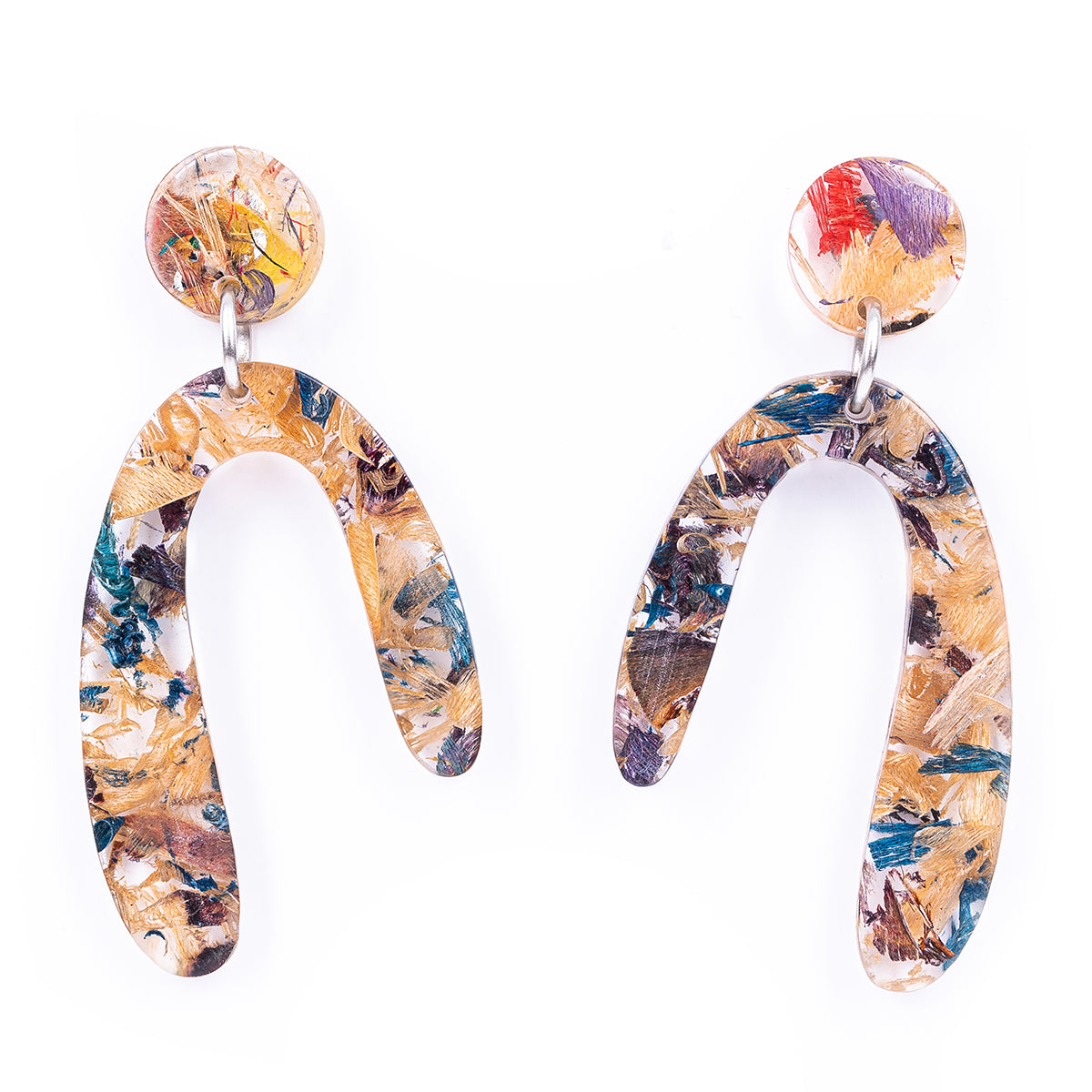 Aspen U Shaped Statement Resin Earrings made from recycled skateboard shavings and plant resin, showcasing unique colors and patterns.