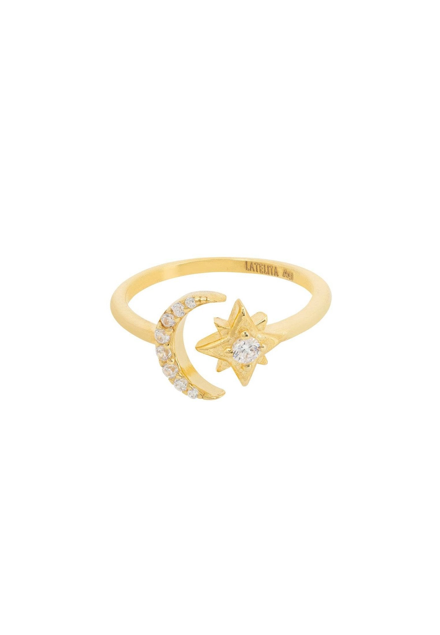 Astrid Moon & Star Ring Gold featuring a crescent moon and star design with white zircons, handcrafted in 925 sterling silver dipped in 22ct gold.