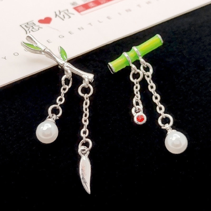 Asymmetric Bamboo with Pearl Earrings featuring a unique design with artificial pearls and S925 alloy.