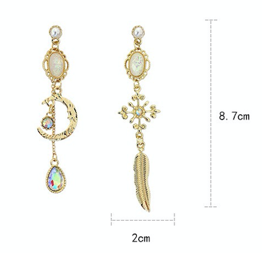 Asymmetric Baroque Rainbow Moon Stone Earrings featuring a unique design with shimmering rainbow moonstone and sparkling rhinestones.