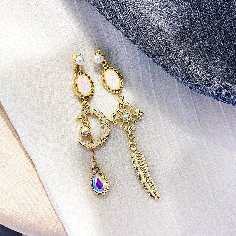 Asymmetric Baroque Rainbow Moon Stone Earrings featuring a unique design with shimmering rainbow moonstone and sparkling rhinestones.