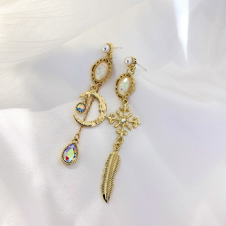 Asymmetric Baroque Rainbow Moon Stone Earrings featuring a unique design with shimmering rainbow moonstone and sparkling rhinestones.