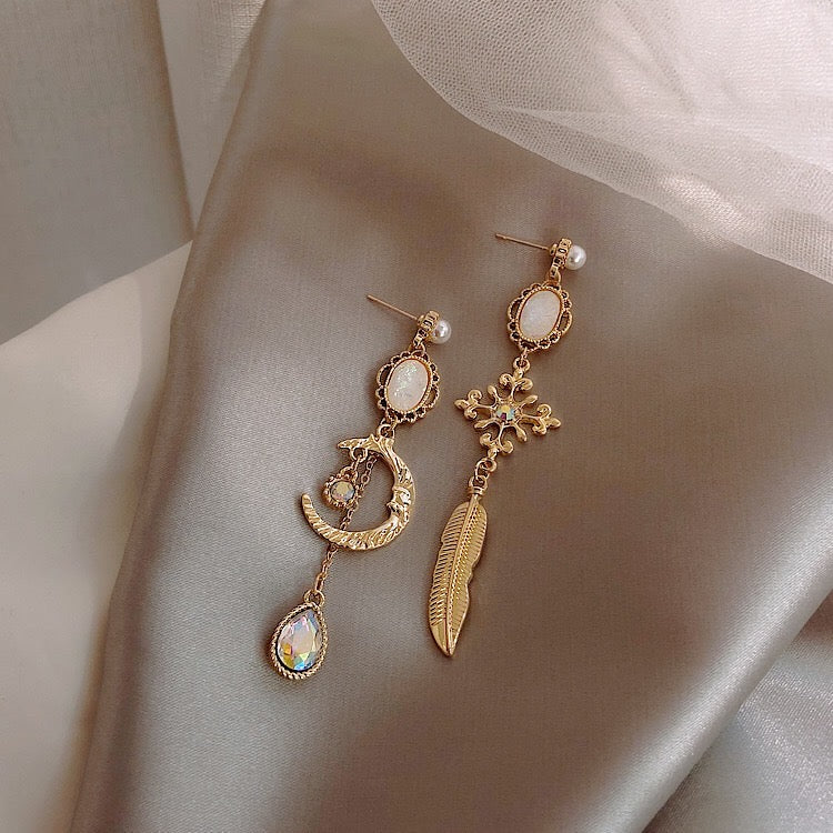 Asymmetric Baroque Rainbow Moon Stone Earrings featuring a unique design with shimmering rainbow moonstone and sparkling rhinestones.