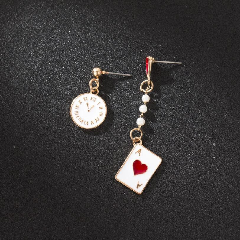 Asymmetric Dreamy Clock and Poker Card Earrings made of alloy, showcasing a whimsical clock and poker card design.