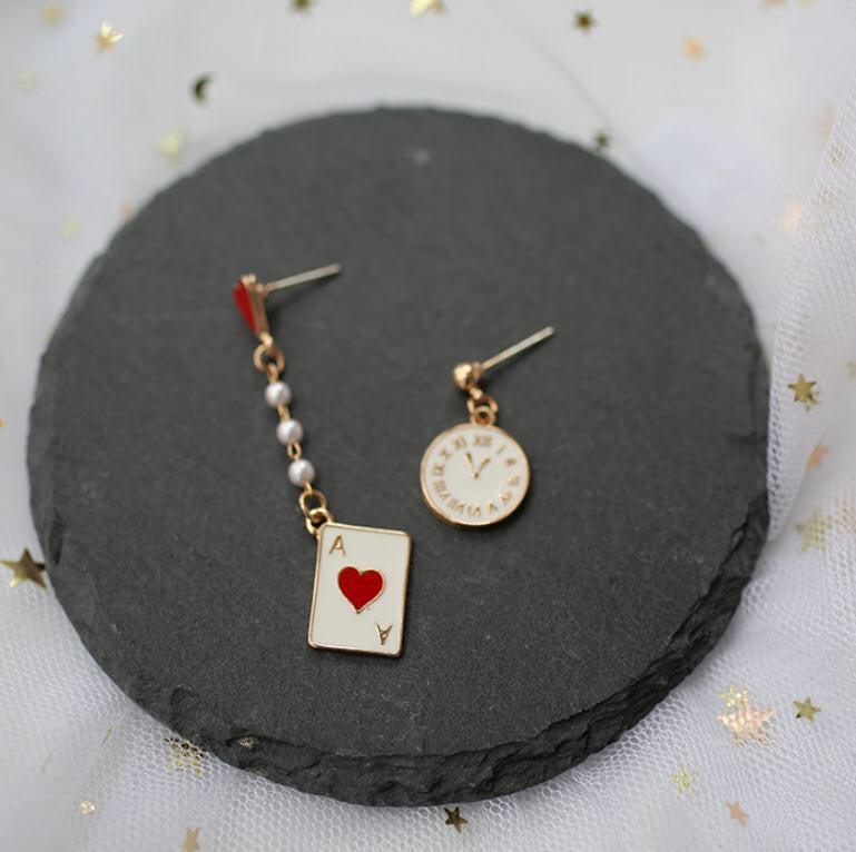 Asymmetric Dreamy Clock and Poker Card Earrings made of alloy, showcasing a whimsical clock and poker card design.