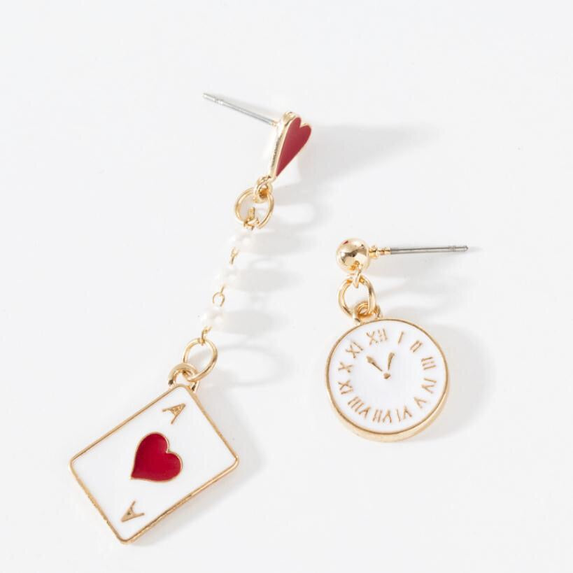 Asymmetric Dreamy Clock and Poker Card Earrings made of alloy, showcasing a whimsical clock and poker card design.