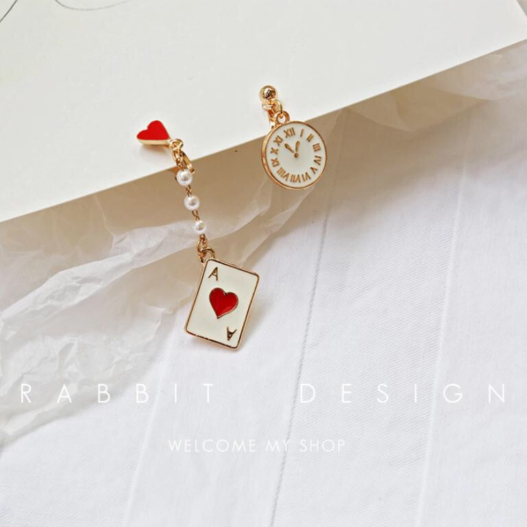 Asymmetric Dreamy Clock and Poker Card Earrings made of alloy, showcasing a whimsical clock and poker card design.