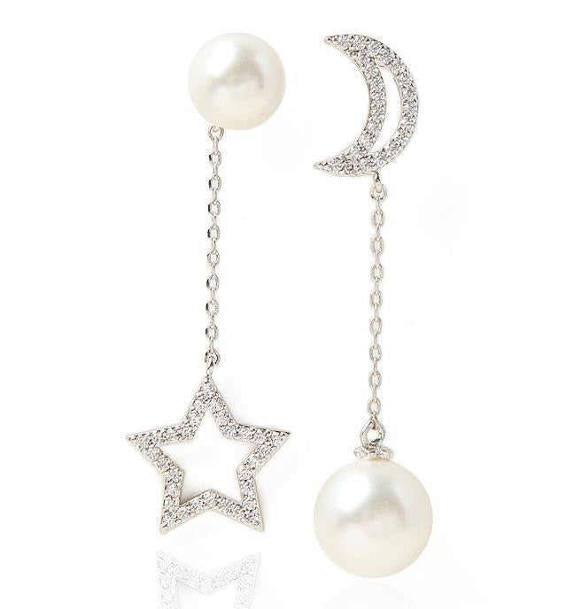 Asymmetric earrings featuring a moon and star design with artificial pearls, crafted from S925 alloy.