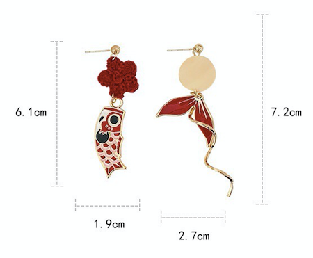 Asymmetric Red Koi Earrings featuring a vibrant koi design in red, crafted from alloy and 925 silver, showcasing unique shapes and dimensions.