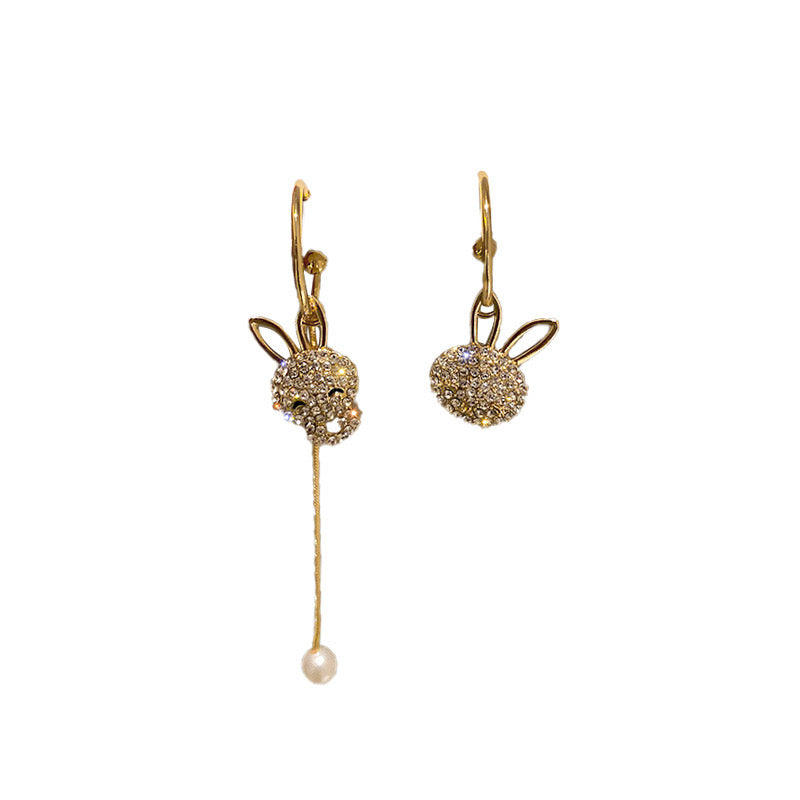 Asymmetric Shining Cute Rabbit Earrings featuring rhinestones and artificial pearls, showcasing a playful and elegant design.