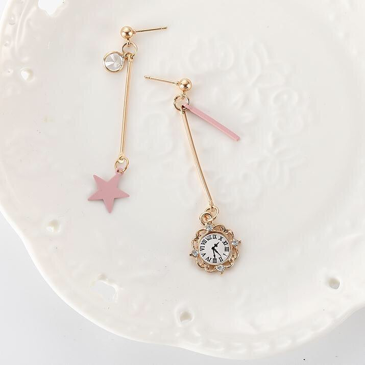 Asymmetric Star and Clock Dangling Earrings featuring rhinestones and alloy material, showcasing a unique design.