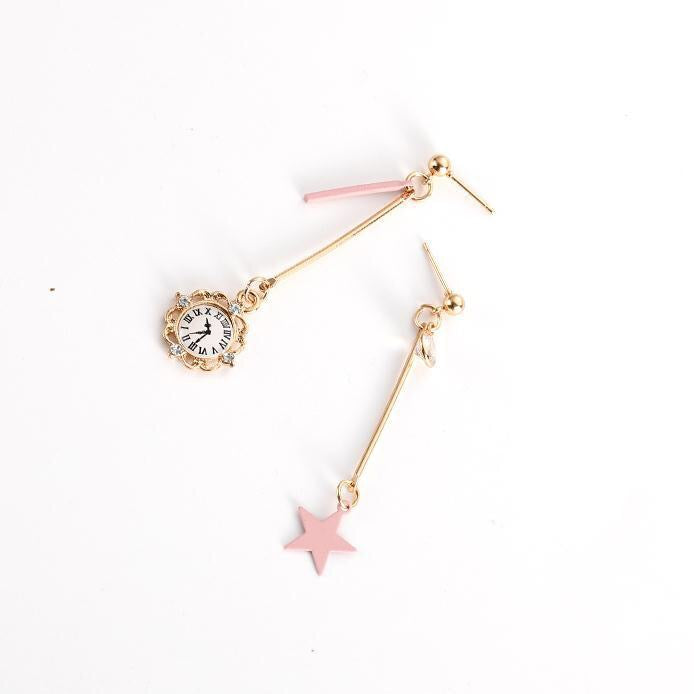 Asymmetric Star and Clock Dangling Earrings featuring rhinestones and alloy material, showcasing a unique design.