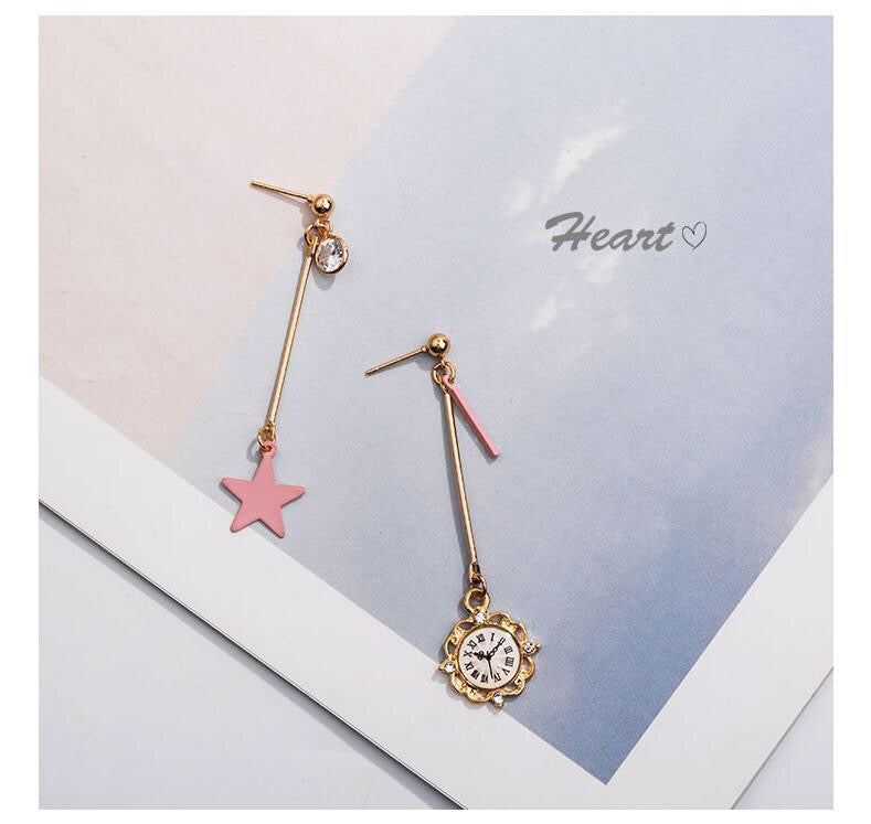 Asymmetric Star and Clock Dangling Earrings featuring rhinestones and alloy material, showcasing a unique design.