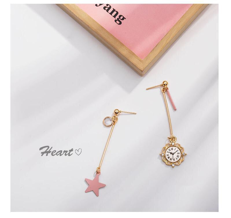 Asymmetric Star and Clock Dangling Earrings featuring rhinestones and alloy material, showcasing a unique design.