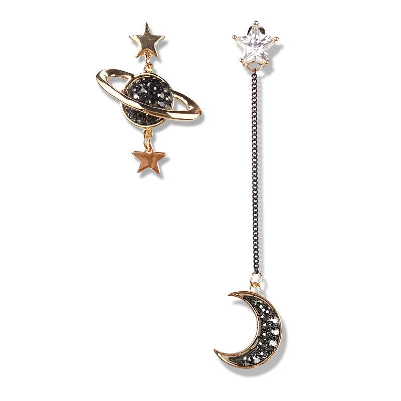 Asymmetric earrings featuring dual designs of Earth, moon, and star, crafted from alloy, showcasing a unique and stylish cosmic theme.