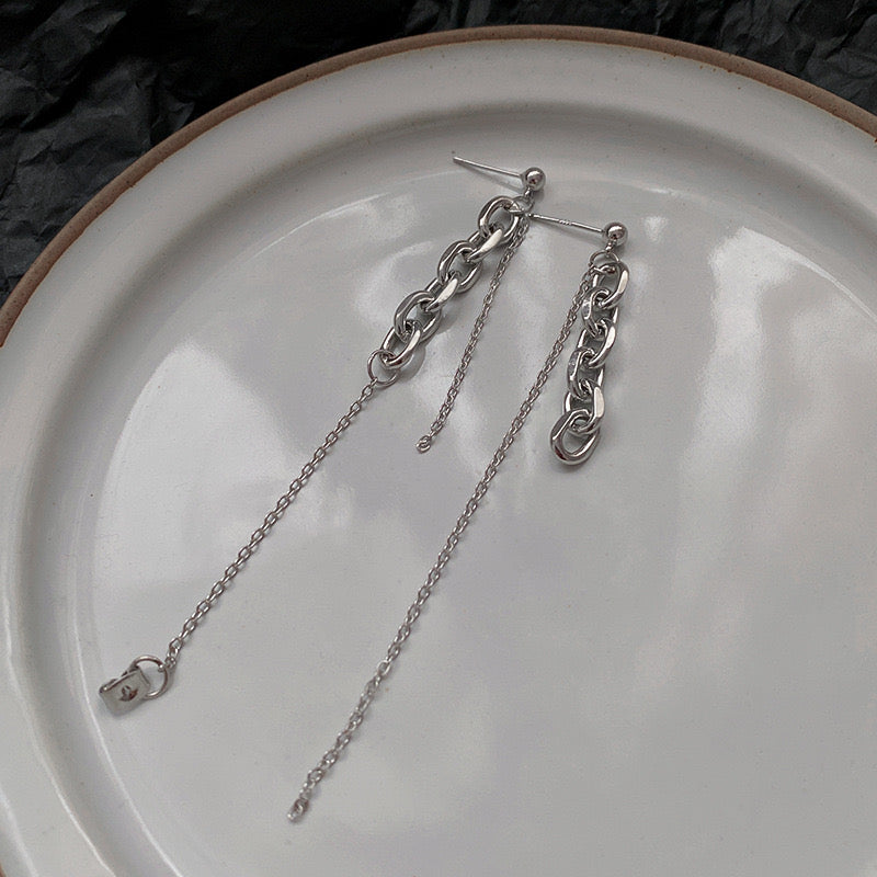 Asymmetric Two-Size Chain Earrings made from alloy and S925, showcasing a unique design with varying lengths.