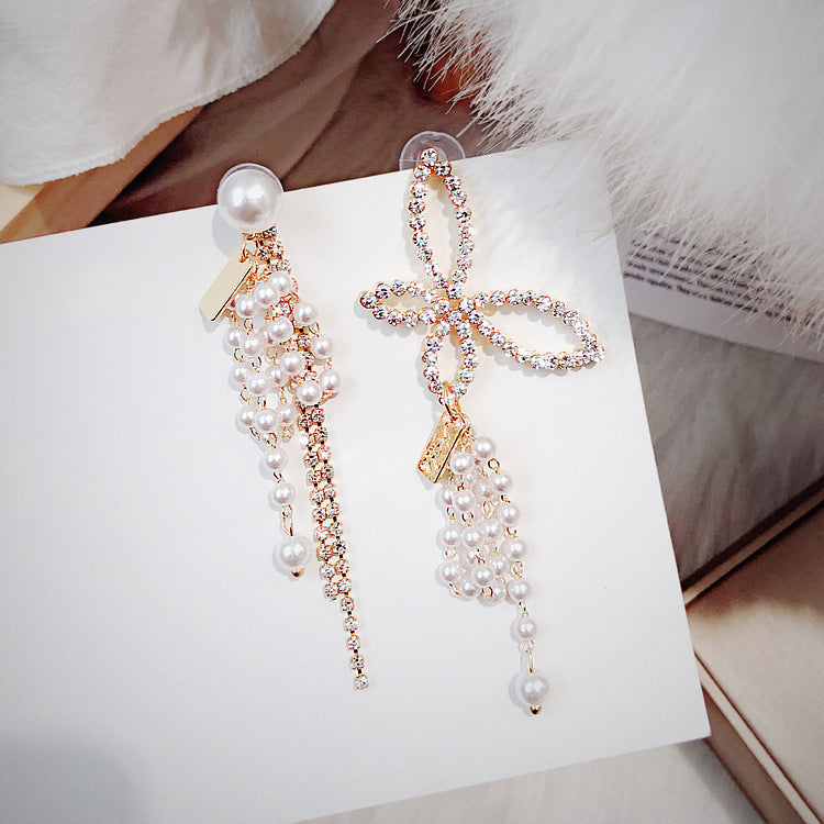 Asymmetry Butterfly Hoop-Pearls Earrings featuring alloy, pearls, and rhinestones in a stylish design.