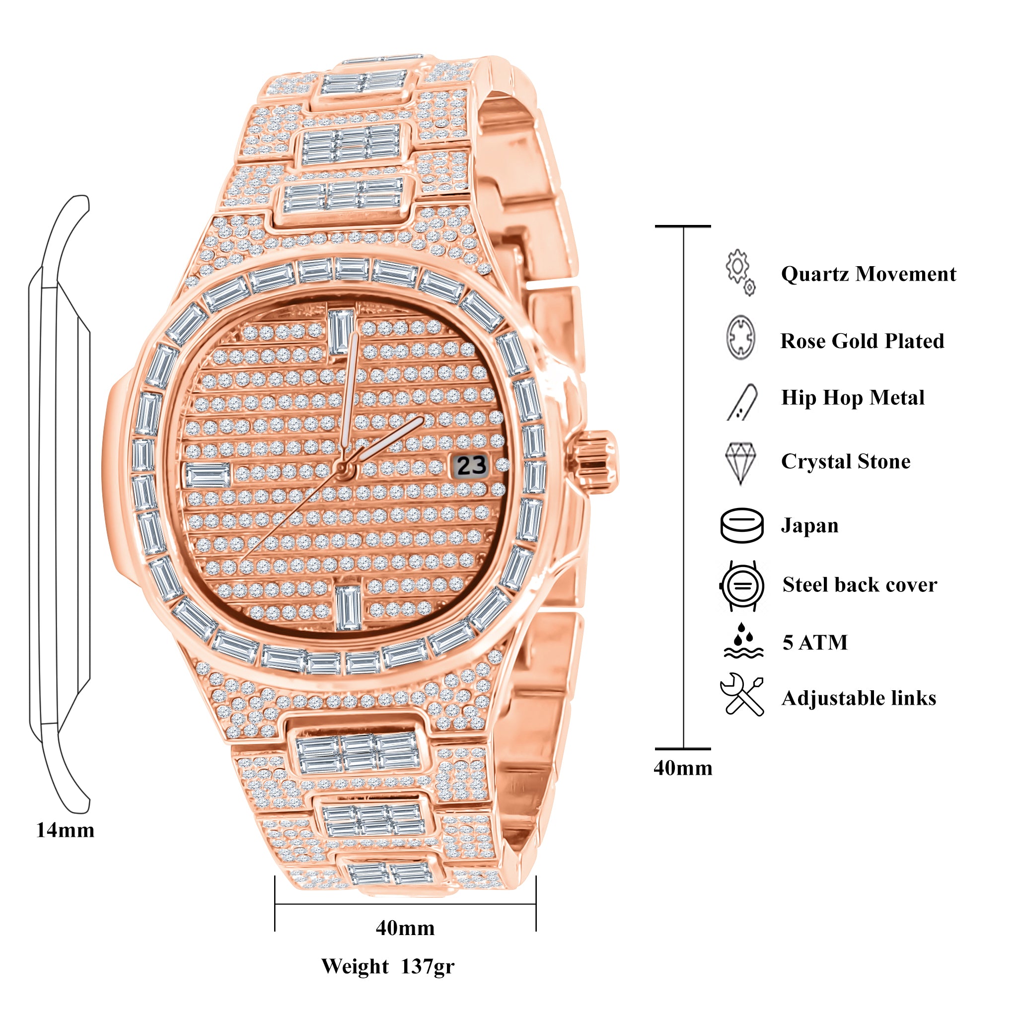 ATTITUDE Hip Hop Metal Watch I 563125 featuring a bling metal design, stainless steel construction, and adjustable links.