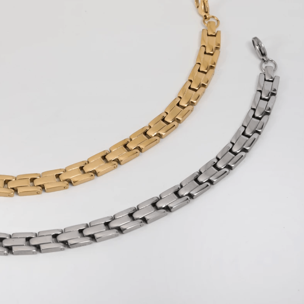 Aubree Panther Link Bracelet featuring chunky gold and silver links, showcasing its elegant design and durable materials.