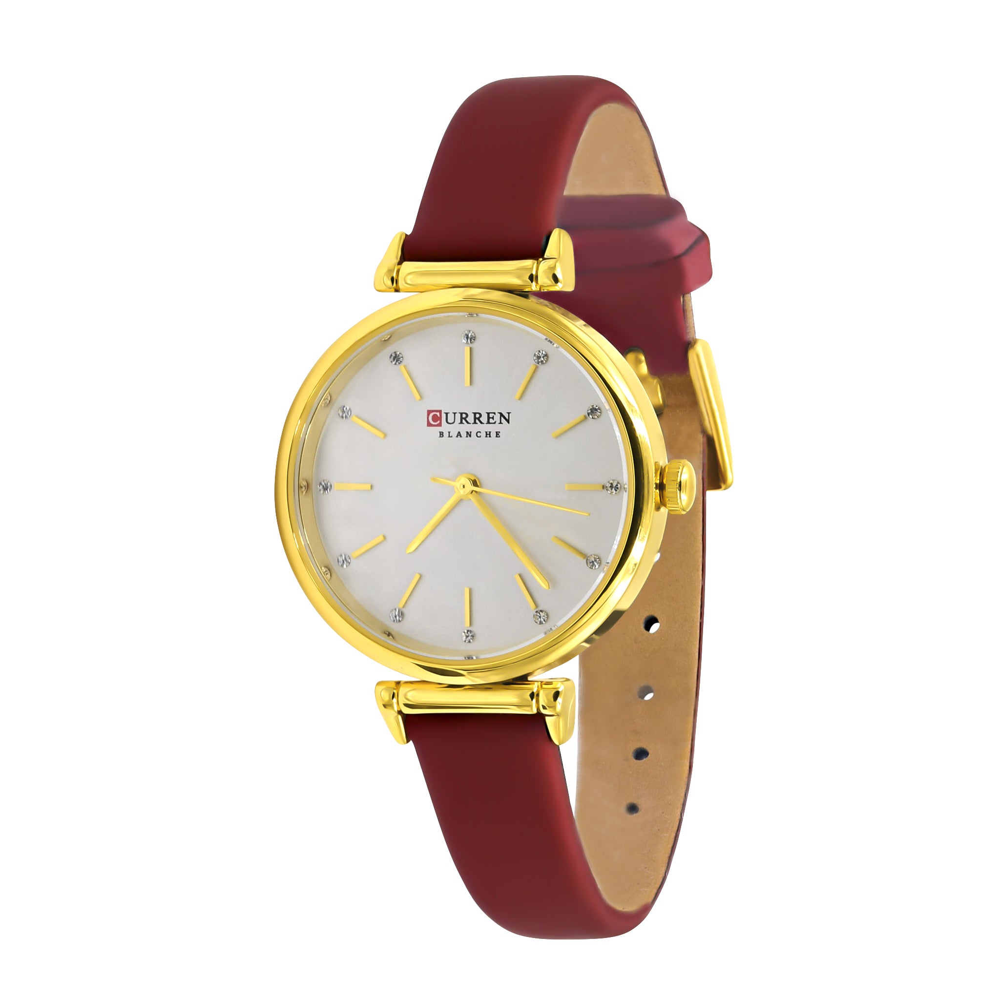 AUDIRE Curren Women Watch featuring a round metal dial with crystal hour markers and a sleek leather band, showcasing elegance and durability.