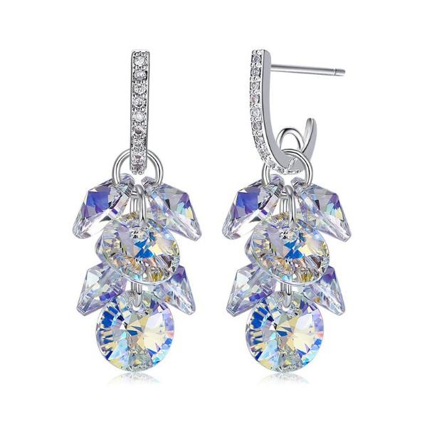 Elegant Aurora Borealis dangling cluster grapevine earrings in 14K white gold, featuring circular stones that shimmer with vibrant colors.