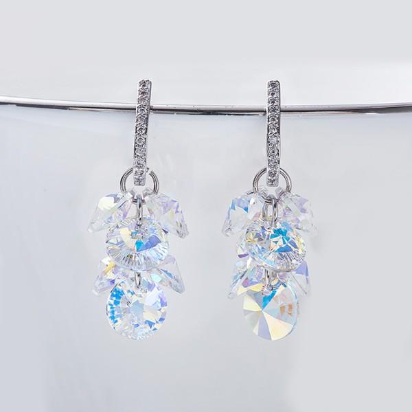 Elegant Aurora Borealis dangling cluster grapevine earrings in 14K white gold, featuring circular stones that shimmer with vibrant colors.