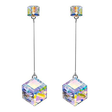 Aurora Borealis Elements Cubed Dangling Earrings in 14K White Gold, featuring shimmering cubed stones and elegant design.