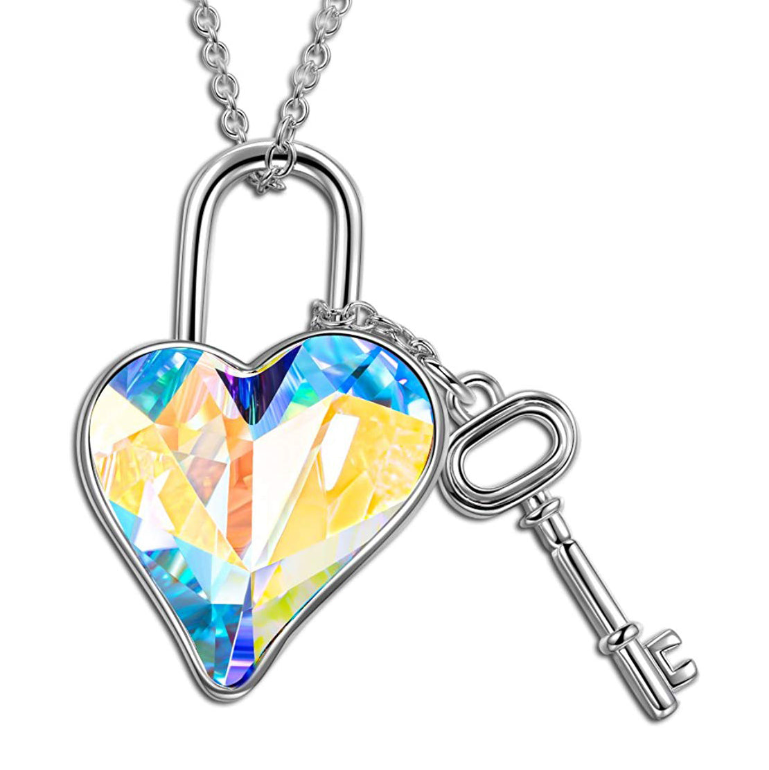 Aurora Borealis The Key To My Heart Pendant Necklace featuring a heart-shaped AAAAA crystal on a 14K white gold plated link chain.