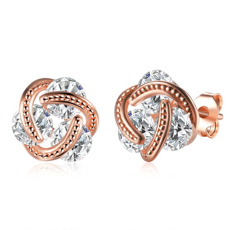 Austrian Crystal Knot Stud Earrings set in rose gold, featuring a delicate knot design and butterfly backing for secure wear.