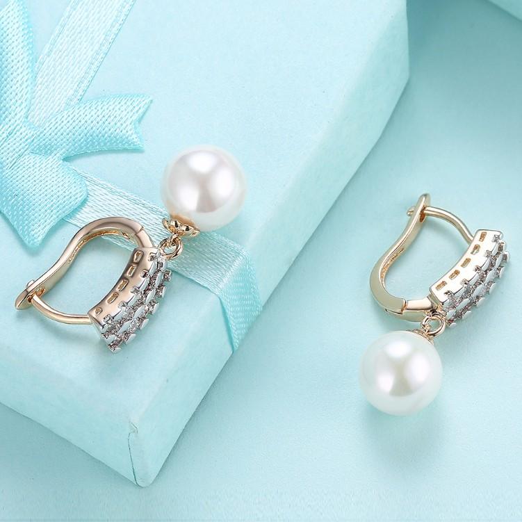 A pair of elegant Austrian Crystal Square Shaped Pearl Leverback Earrings set in 18K gold, showcasing their luxurious design and sparkling crystals.