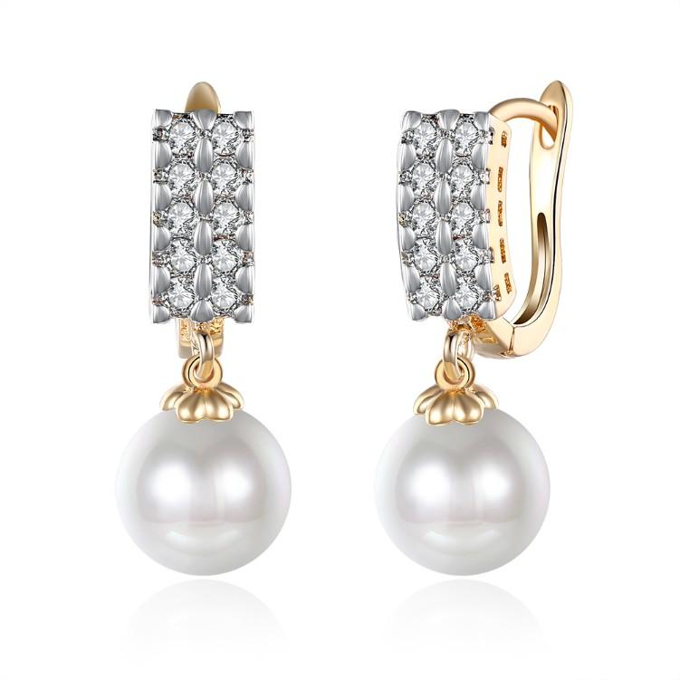 A pair of elegant Austrian Crystal Square Shaped Pearl Leverback Earrings set in 18K gold, showcasing their luxurious design and sparkling crystals.