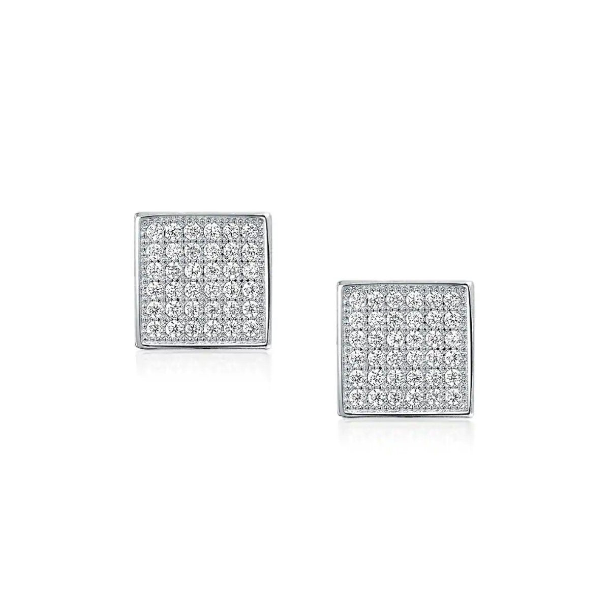 Austrian Elements Micro-Pav'e Square Shaped Stud Earrings in 18K White Gold, showcasing a brilliant square design with sparkling stones.