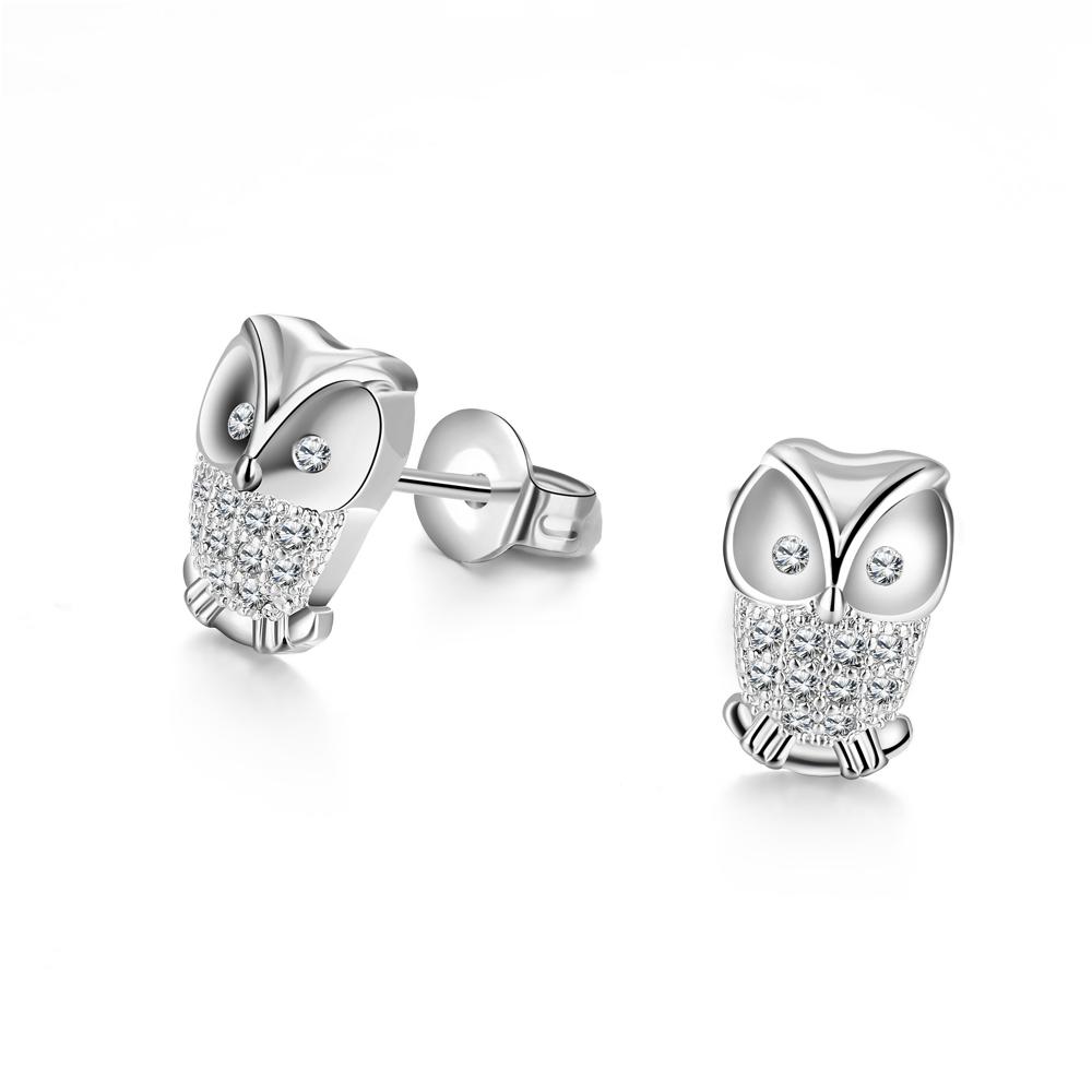 Austrian Elements Pav'e Owl Studs in 18K White Gold featuring sparkling Austrian crystals, elegantly designed for comfort and style.