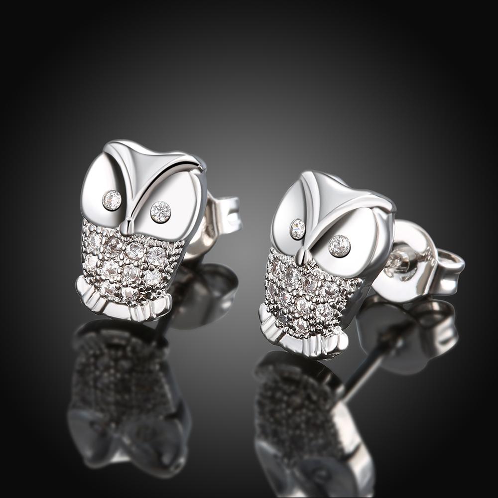 Austrian Elements Pav'e Owl Studs in 18K White Gold featuring sparkling Austrian crystals, elegantly designed for comfort and style.