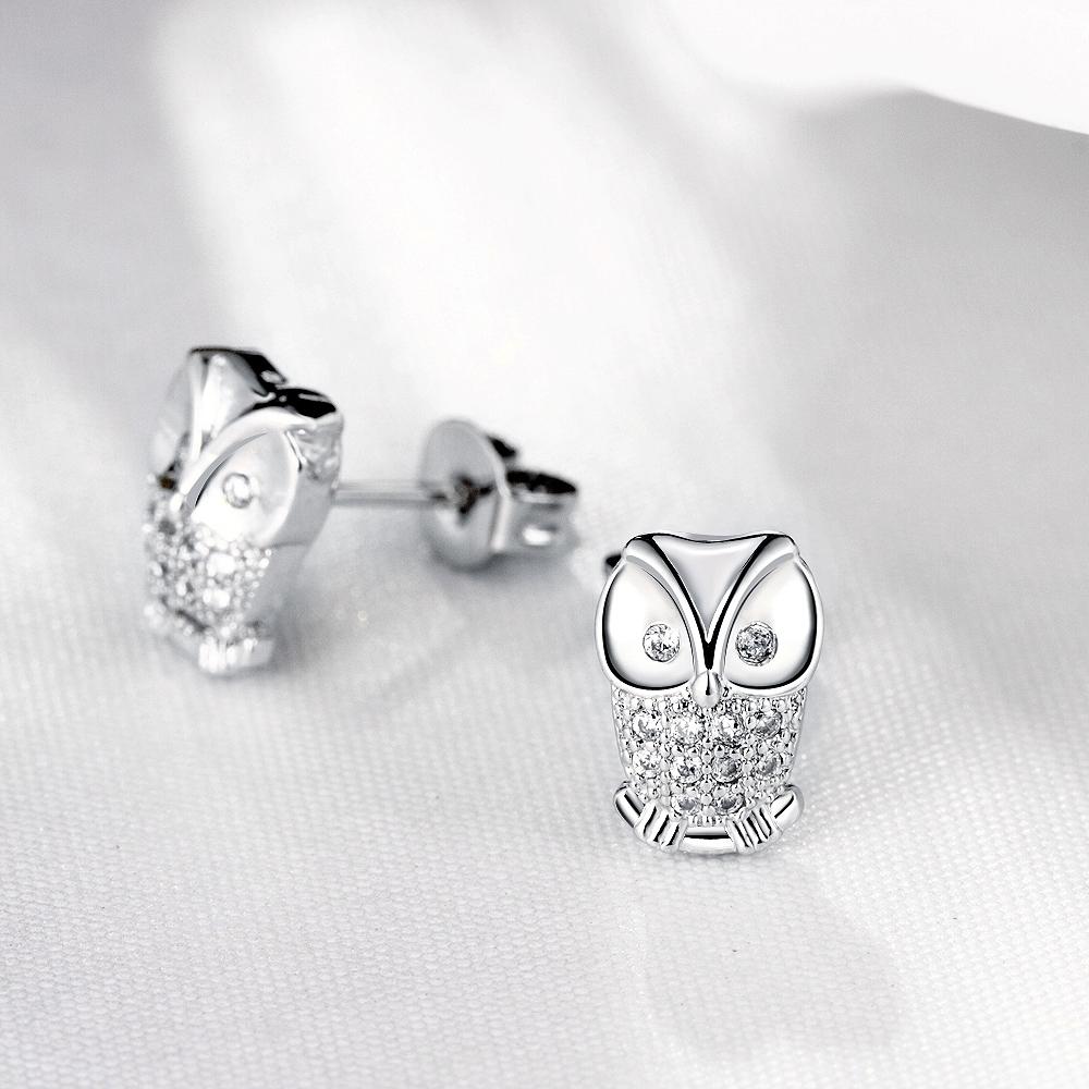 Austrian Elements Pav'e Owl Studs in 18K White Gold featuring sparkling Austrian crystals, elegantly designed for comfort and style.