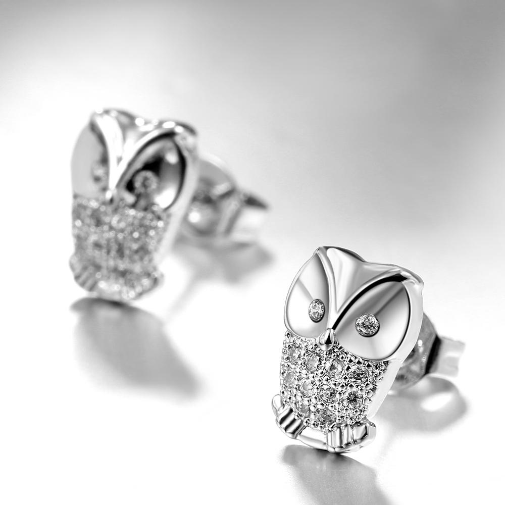 Austrian Elements Pav'e Owl Studs in 18K White Gold featuring sparkling Austrian crystals, elegantly designed for comfort and style.