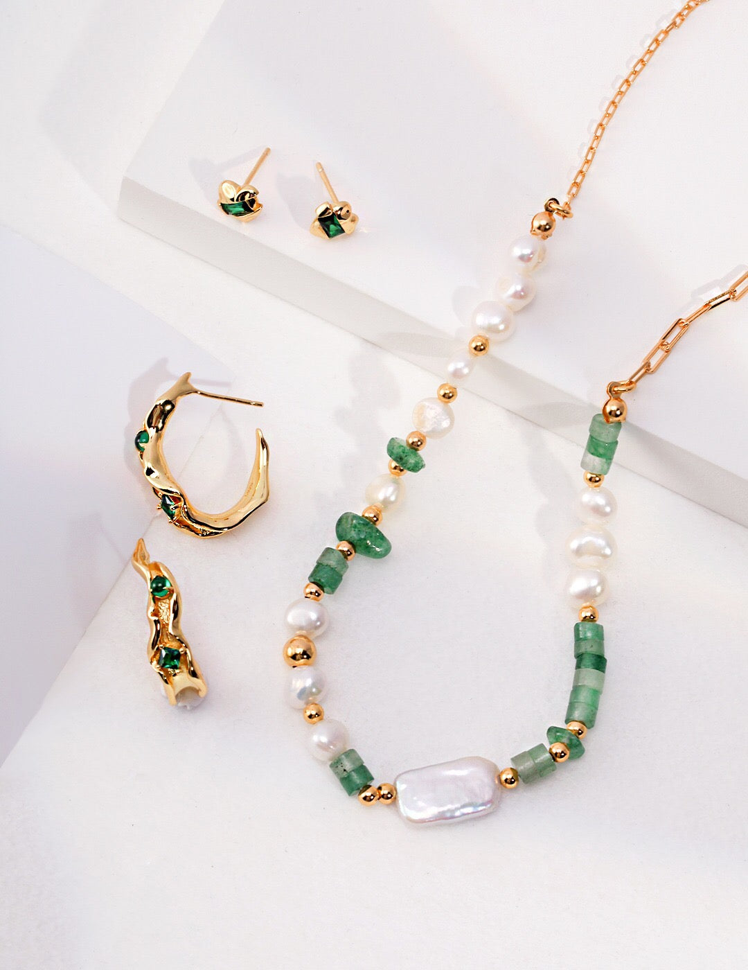 A stunning Aventurine Beads with Pearl Necklace featuring natural pearls and gold vermeil accents, elegantly displayed on a soft background.