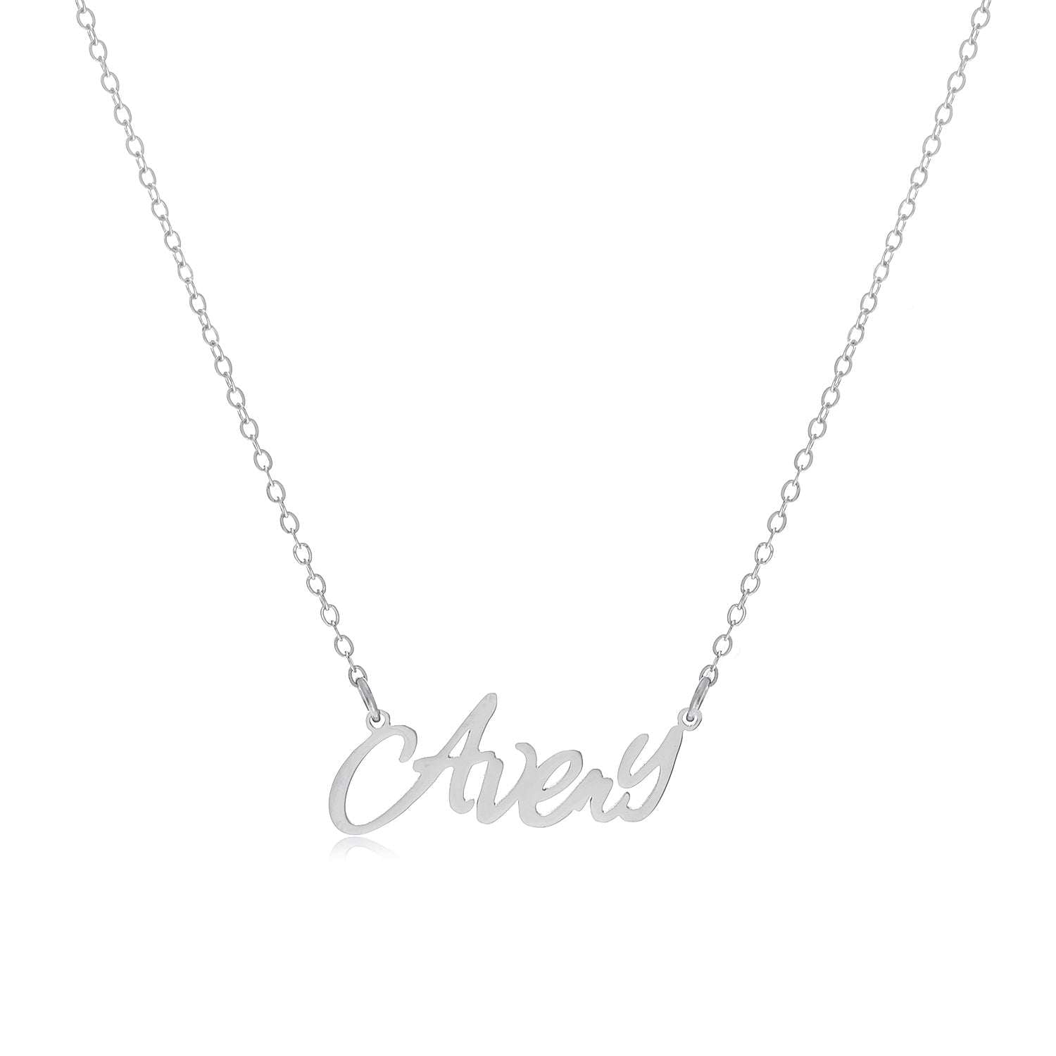 Avery Name Necklace made of stainless steel with a tarnish-free finish, featuring an adjustable chain.