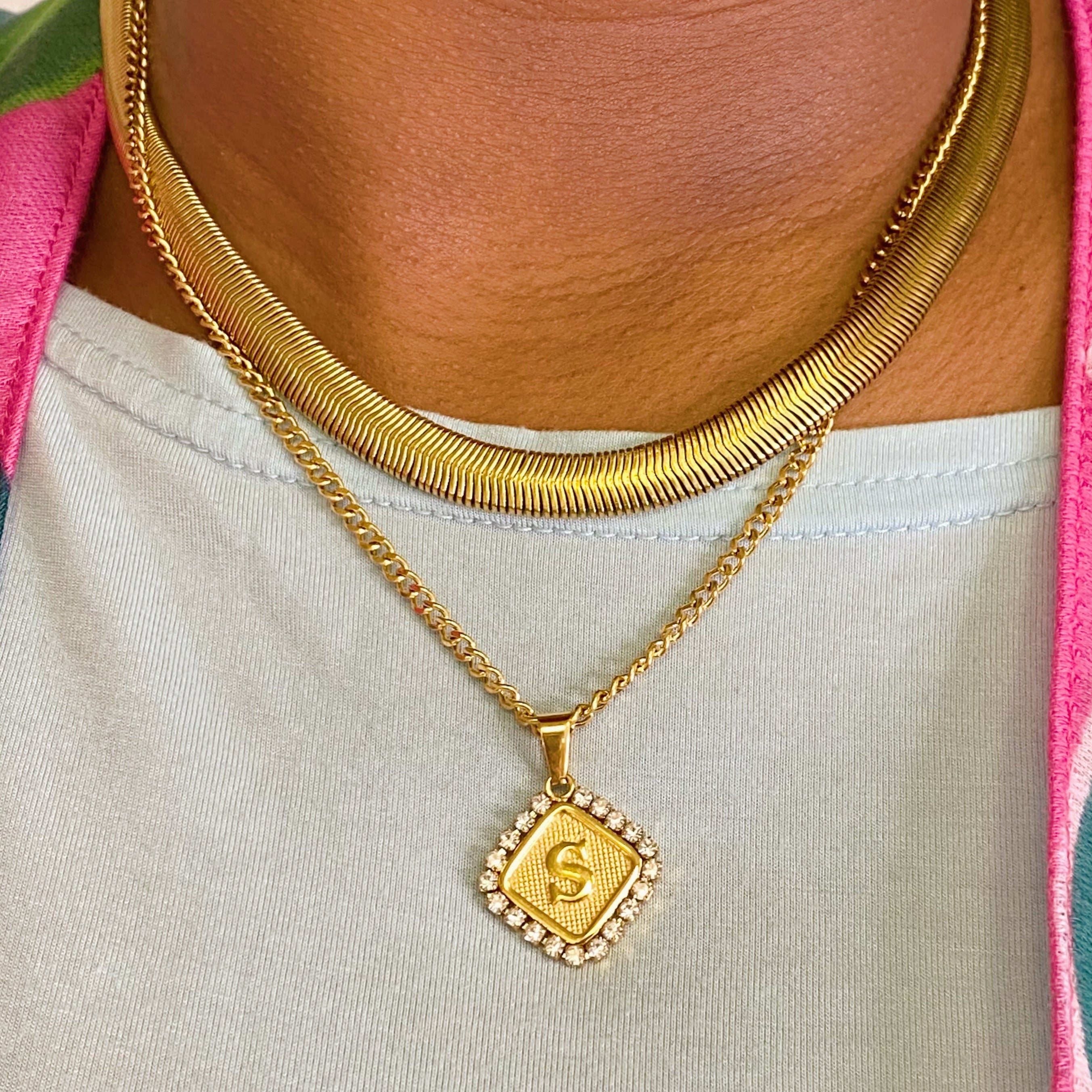 Aztec Delight Initial Necklace featuring a slim Cuban chain and a sparkling initial charm with Cubic Zirconia accents.