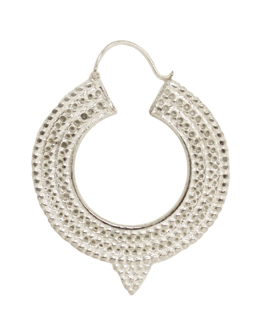 A pair of Aztec Hoop Earrings featuring intricate brass designs, available in three sizes, perfect for sensitive skin.