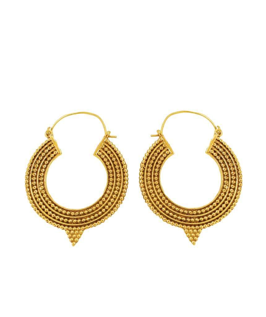 A pair of Aztec Hoop Earrings featuring intricate brass designs, available in three sizes, perfect for sensitive skin.