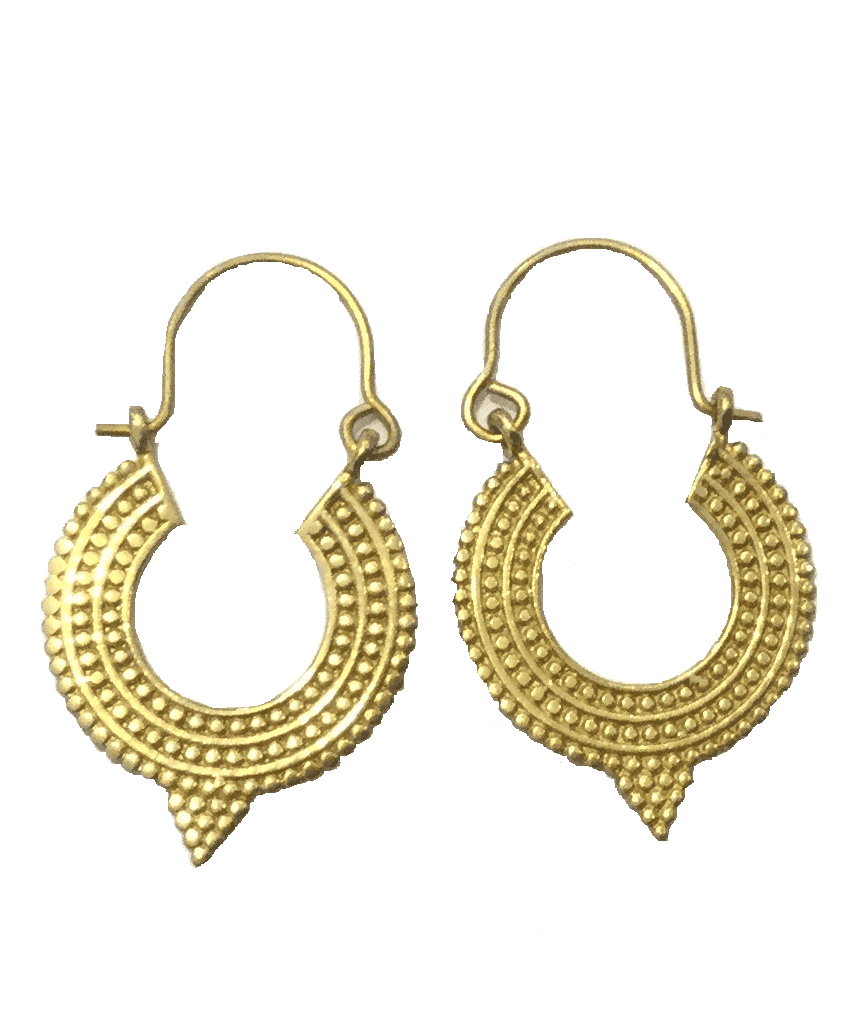 A pair of Aztec Hoop Earrings featuring intricate brass designs, available in three sizes, perfect for sensitive skin.