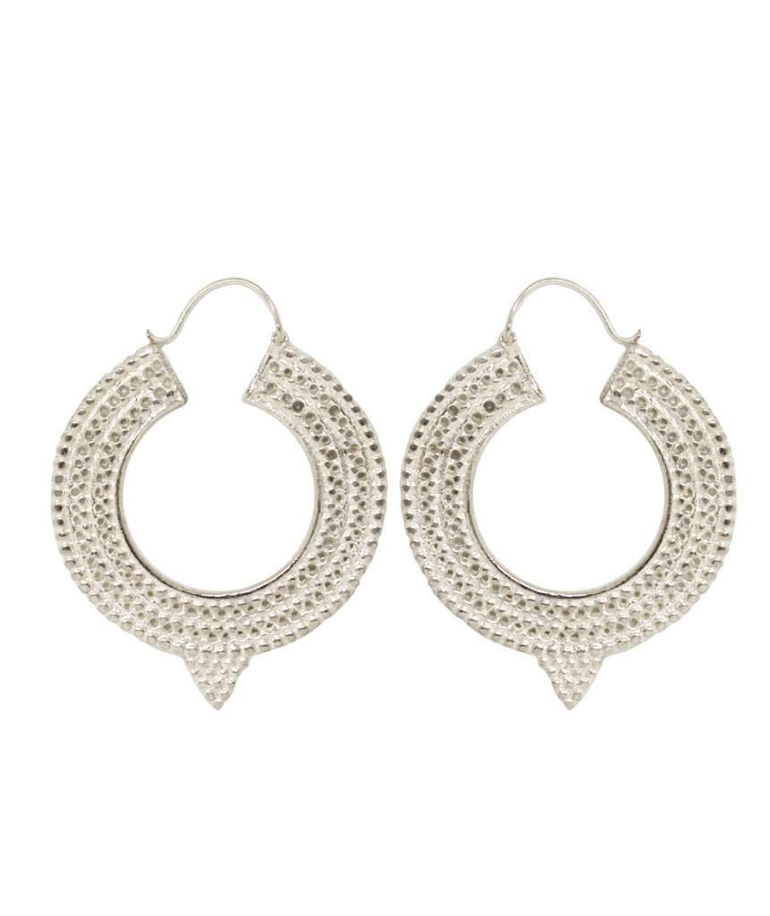 A pair of Aztec Hoop Earrings featuring intricate brass designs, available in three sizes, perfect for sensitive skin.