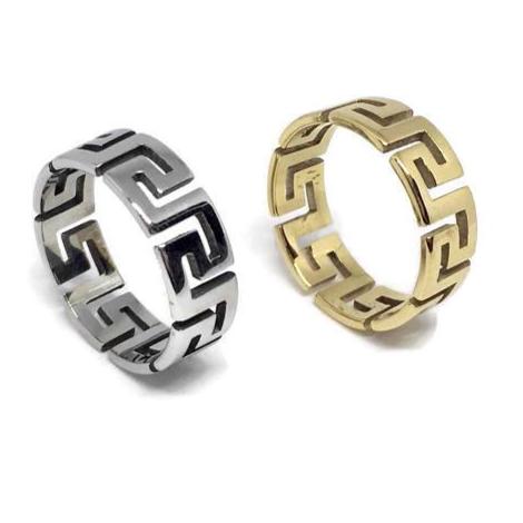 Aztec Pattern Cut-Out Ring made of stainless steel, featuring intricate cut-out designs and available in various colors.