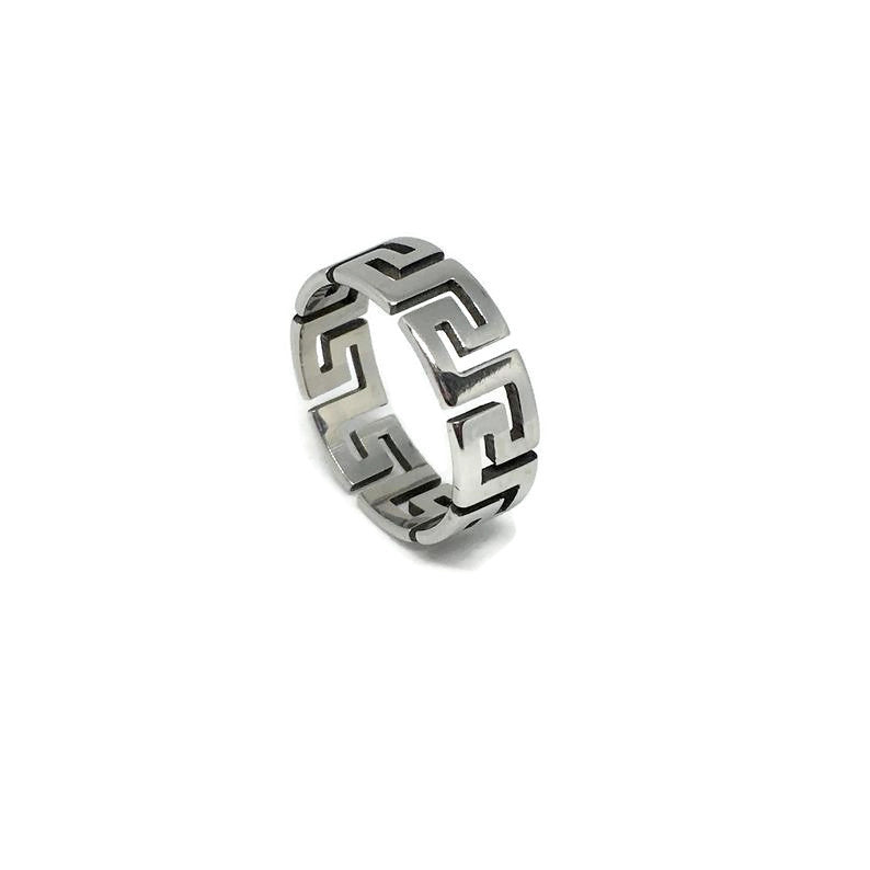 Aztec Pattern Cut-Out Ring made of stainless steel, featuring intricate cut-out designs and available in various colors.