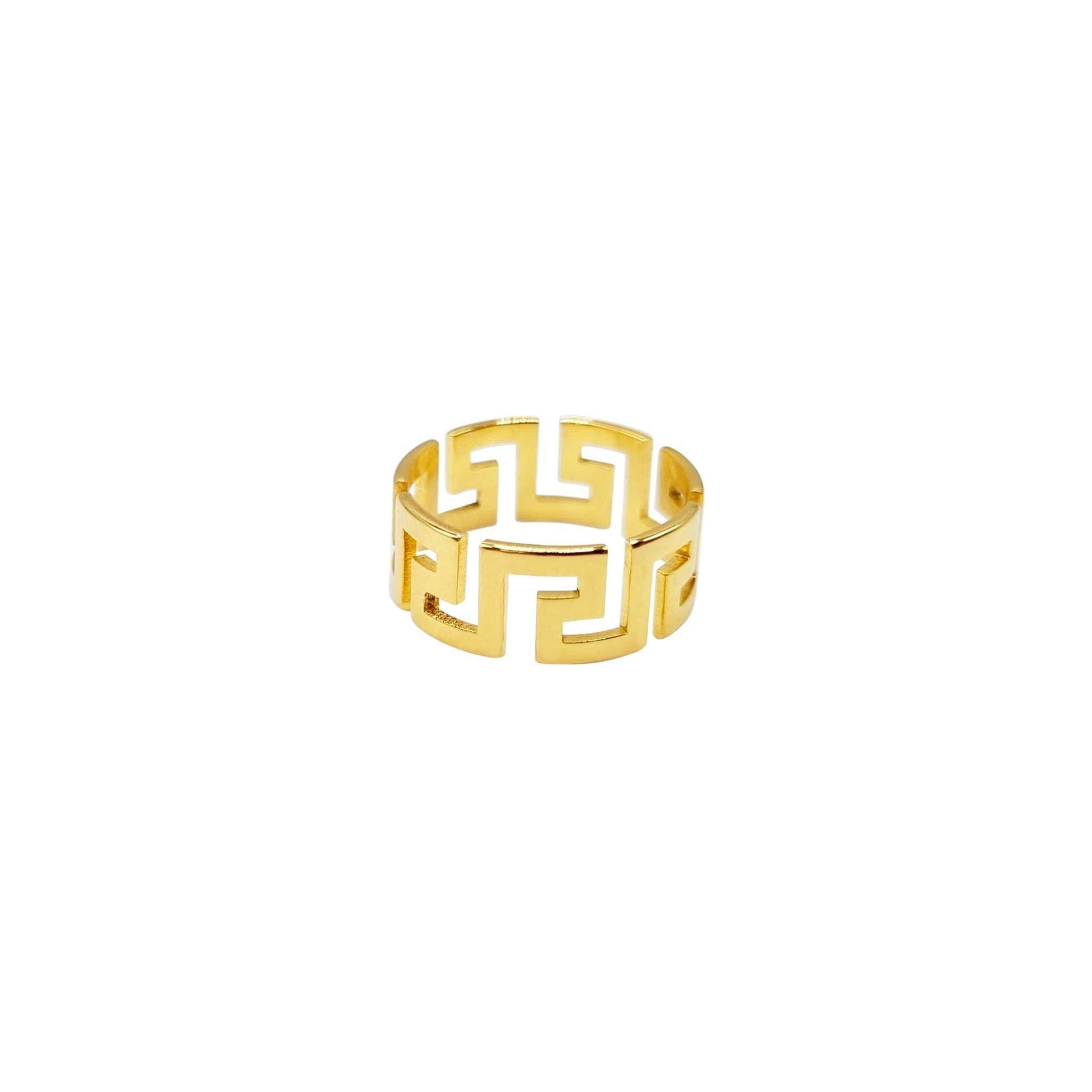 A beautifully crafted Aztec Ring made from premium stainless steel, available in Silver and Gold finishes, showcasing intricate designs.